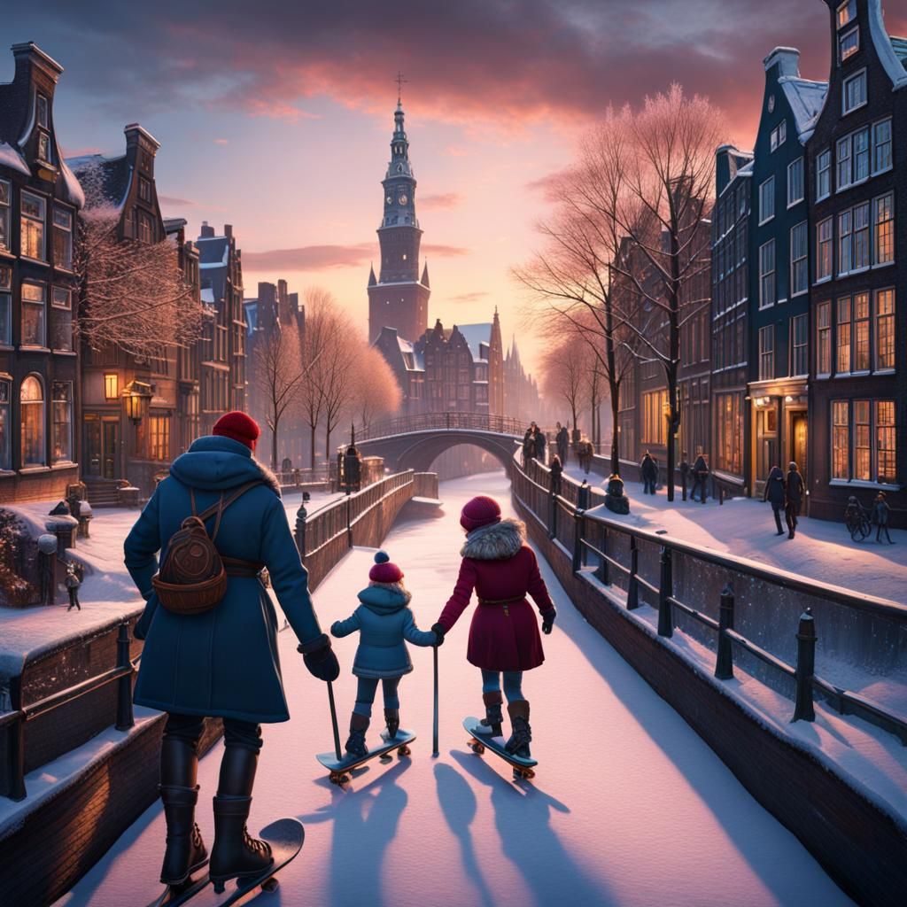 Family Skating on Frozen Amsterdam Canals