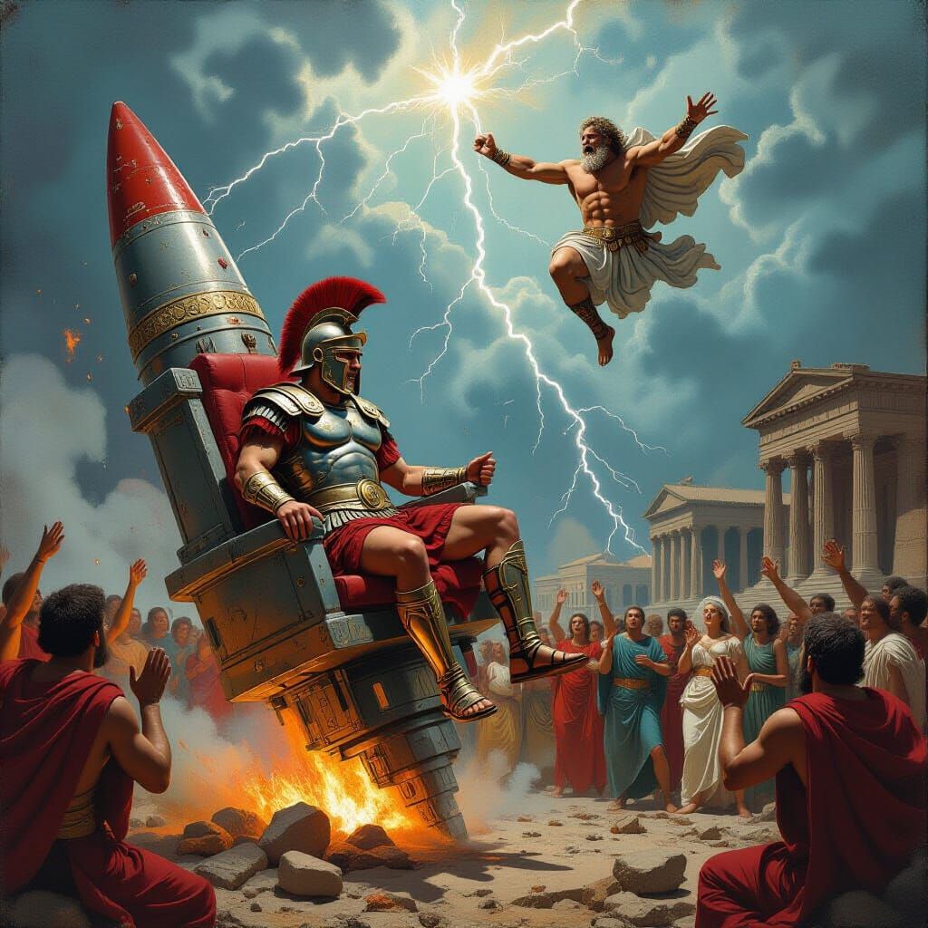 Roman Gladiator Launches on Apocalyptic Rocket, Goya Style