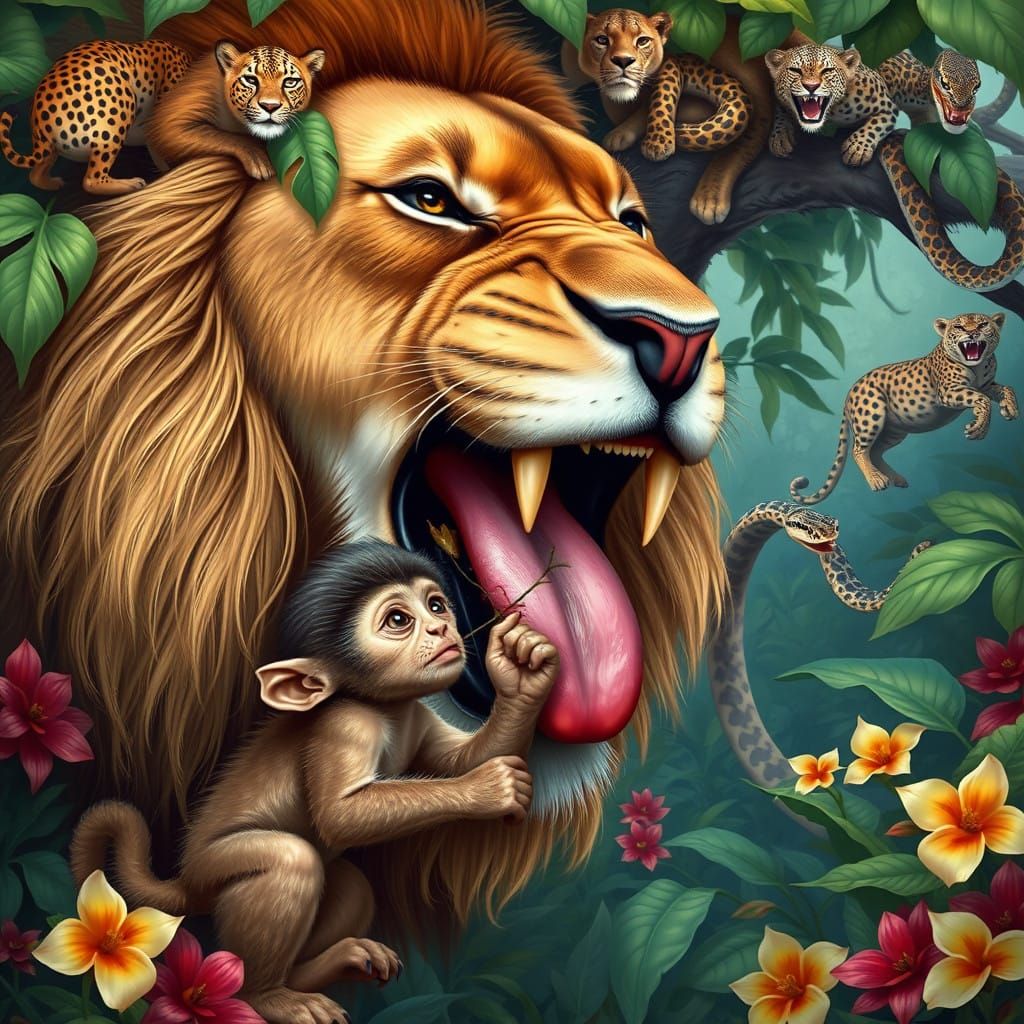 Baby Monkey in Jungle Background with Lion and Predators Wat...