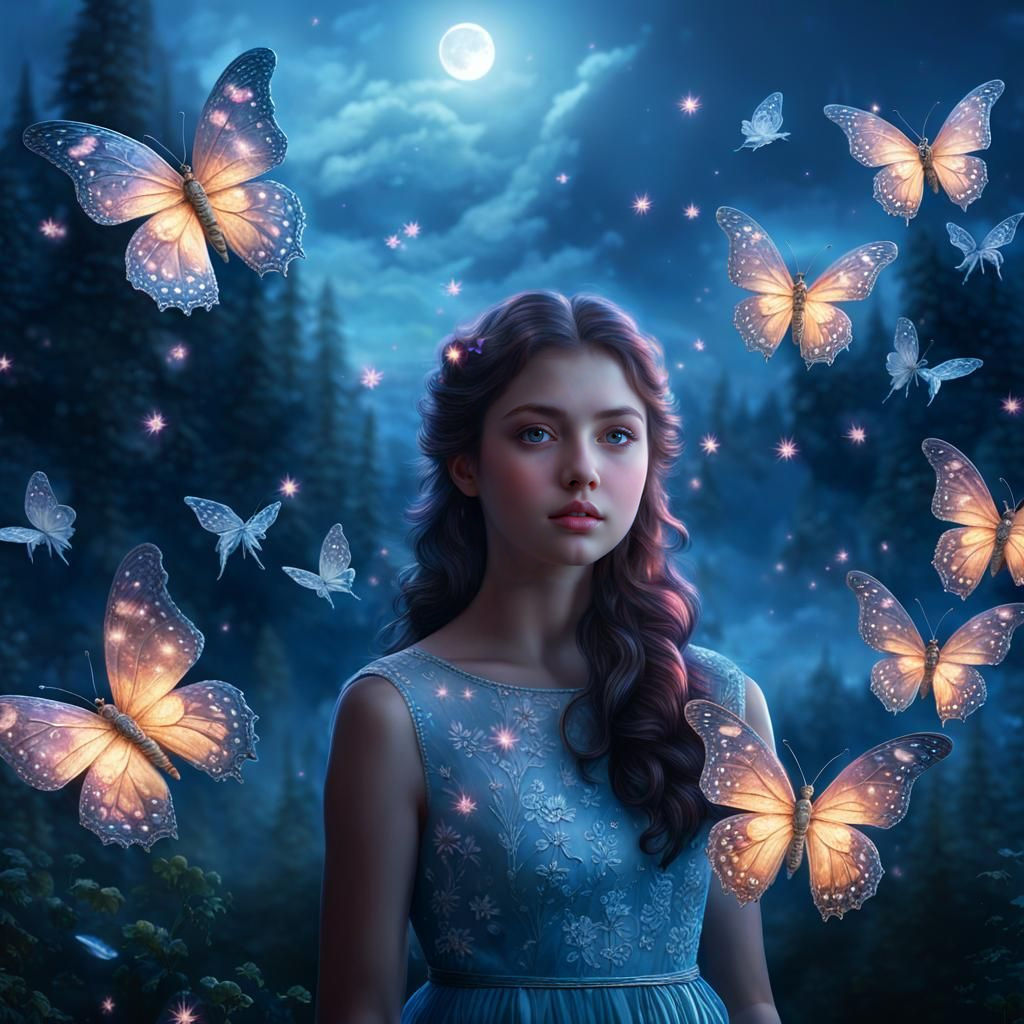 Ethereal Portrait of Crystal Butterflies in Moonlight