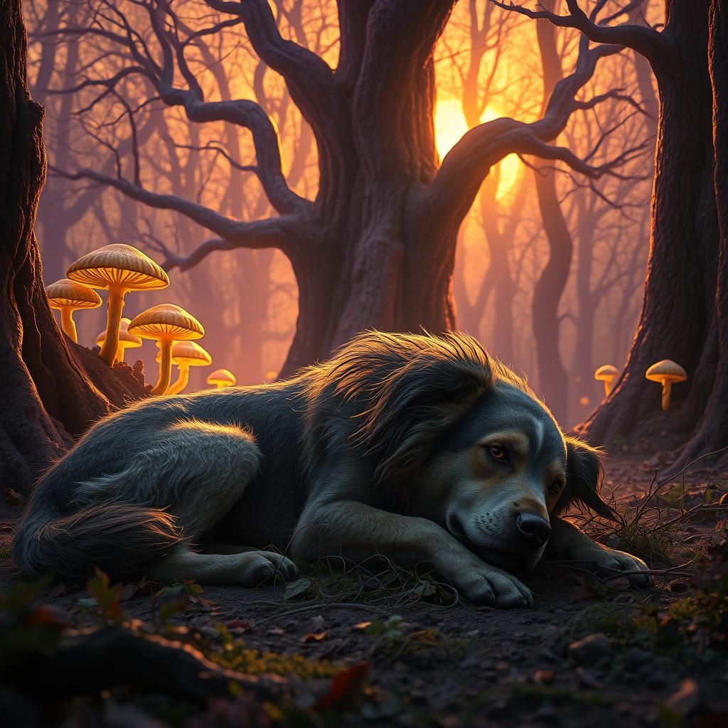 Wounded Dog in Mystical Forest: Art Nouveau Style