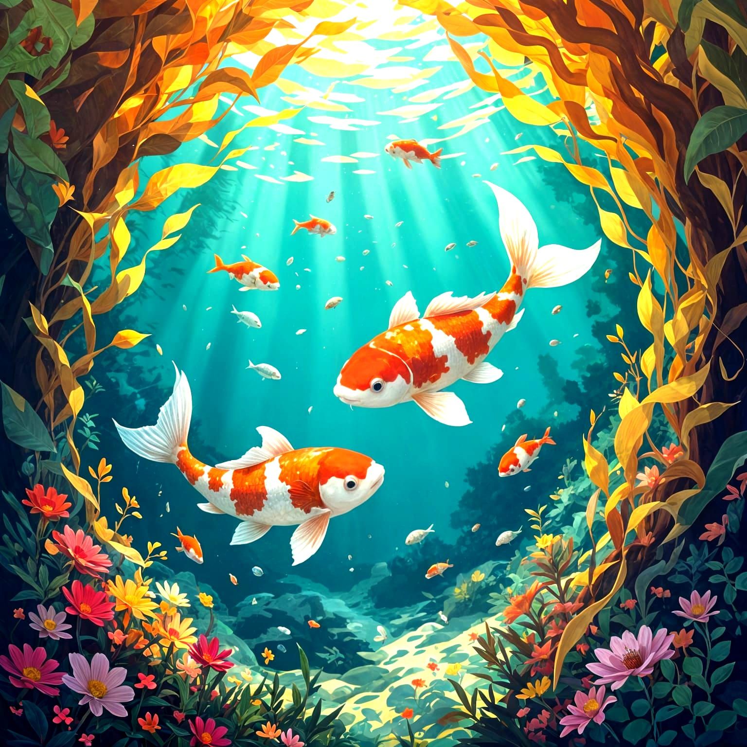 Koi Fish in Kelp Forest, Superflat Aesthetic