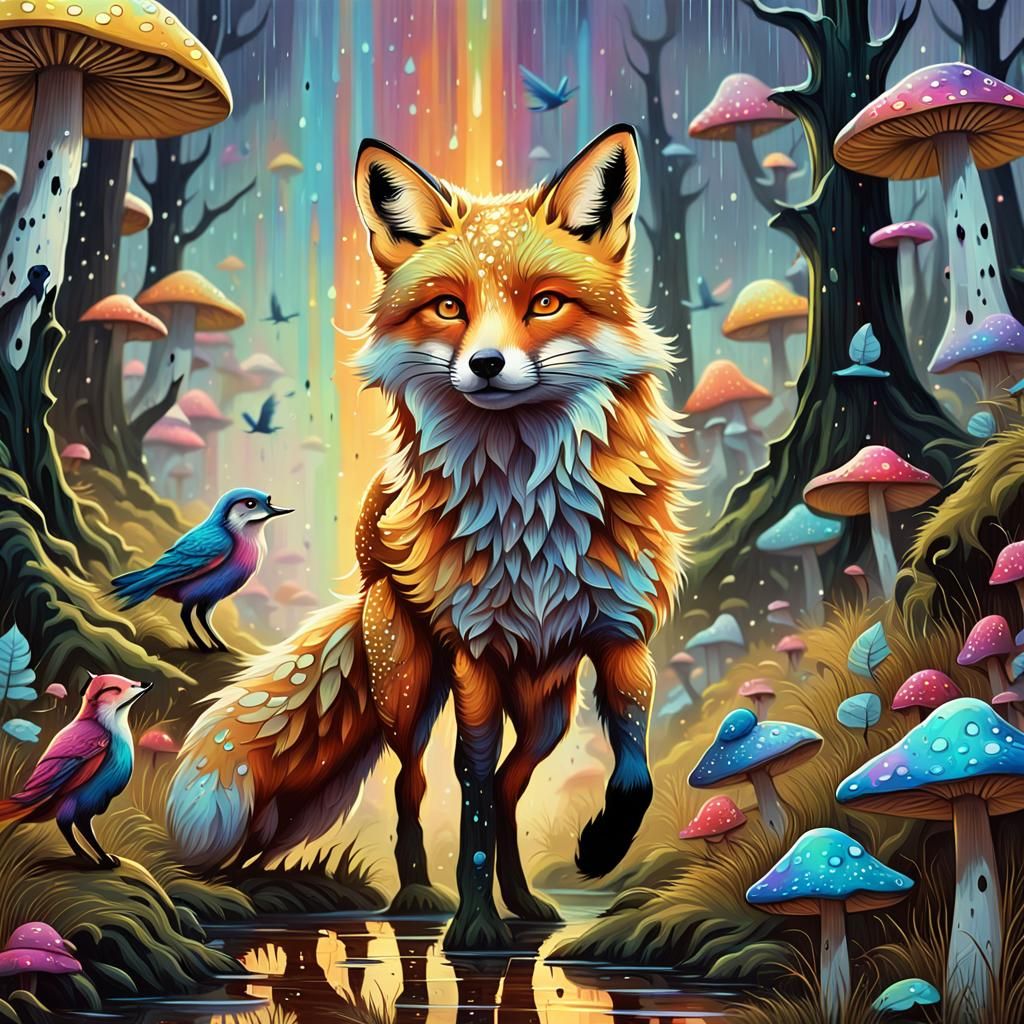 Golden Fox in Mushroom Forest Graffiti Art