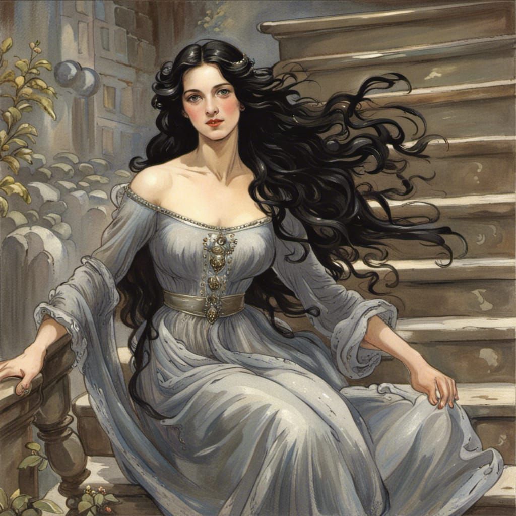 Medieval Maiden Ascending Staircase, Pre-Raphaelite Style