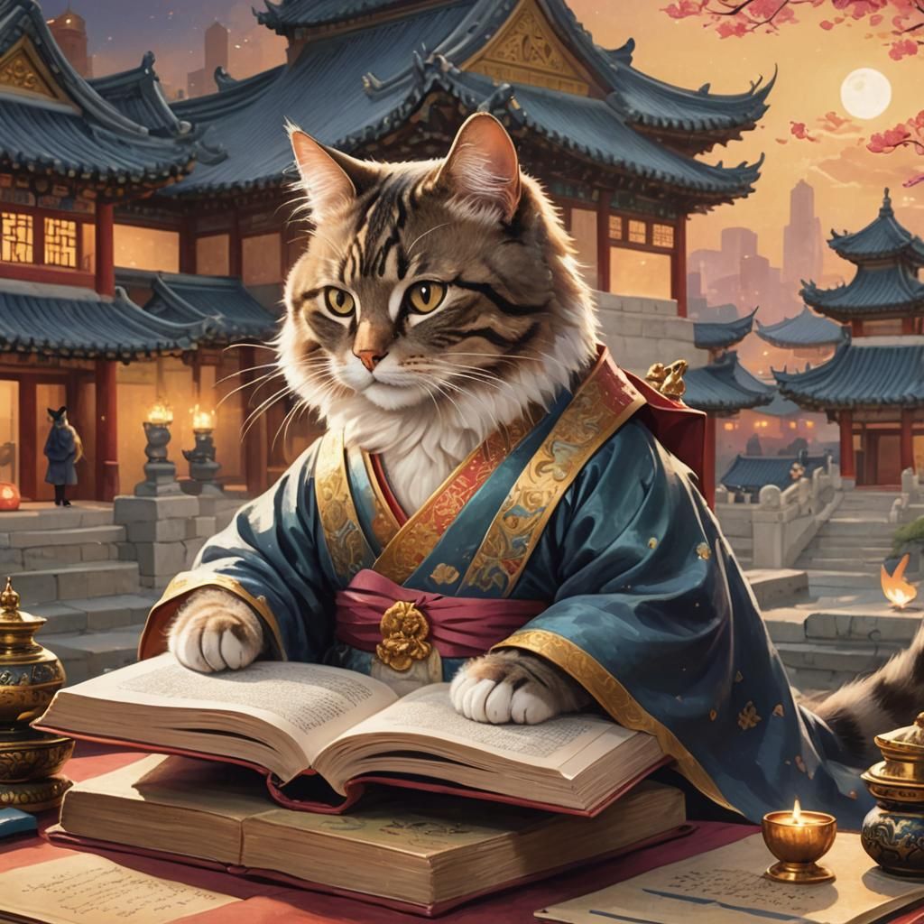 Cat in Korean Royal Outfit Reading Book