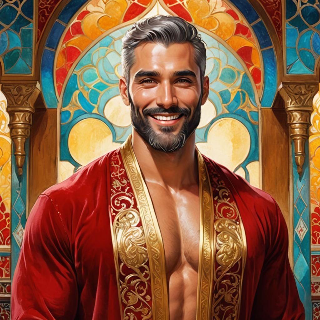Radiant Man in Red Robe: Art Nouveau Portrait
