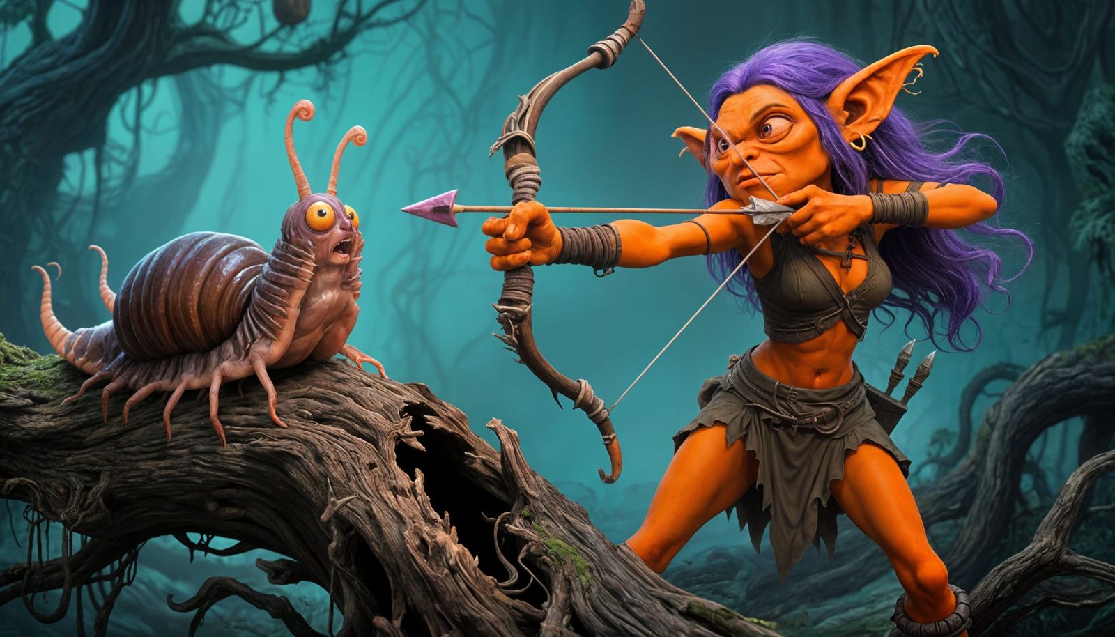 Goblin Archer Targets Giant Slug in Fantasy Art Style
