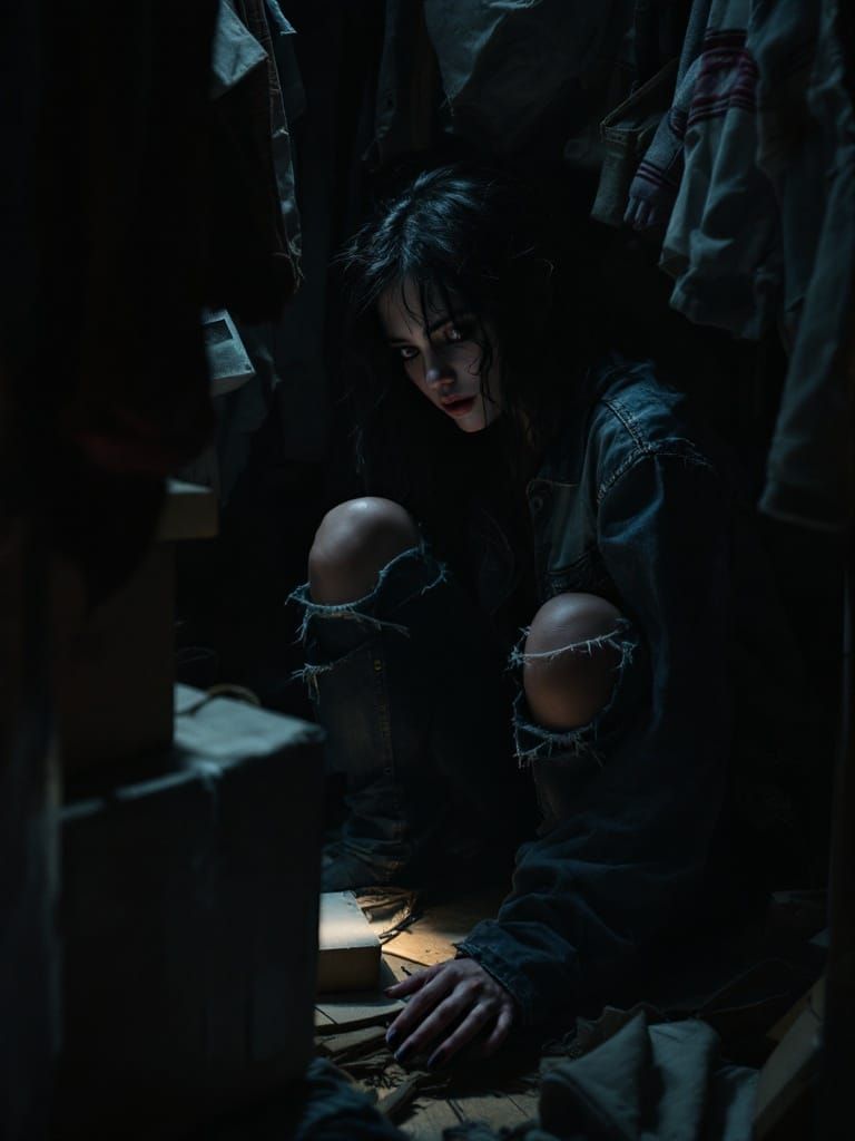 Woman Hiding in Closet in Dark Noir Style