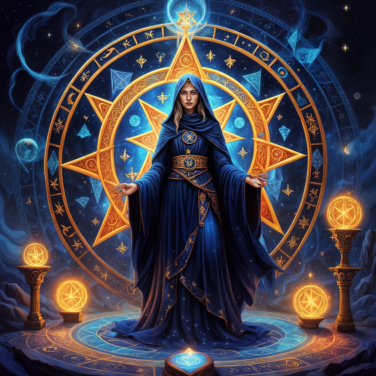 High Priestess in Blue Robes with Tarot Cards