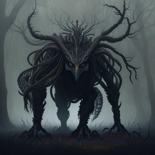 Biomechanical Crow Abomination in Haunting Forest
