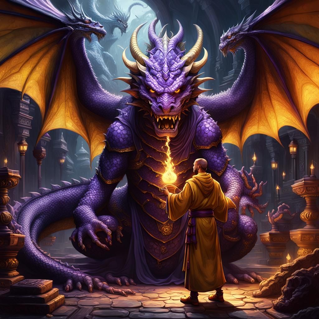 Blind Monk Subduing Dragon: Dark Fantasy Art