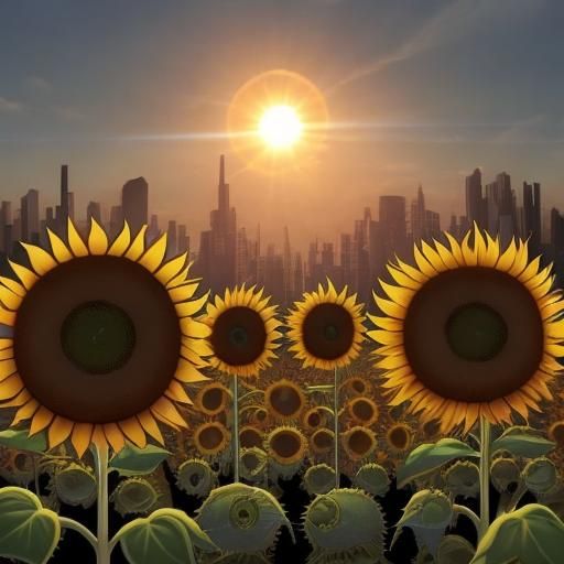 Zombie Sunflowers Devouring Sun in Dystopian Fantasy