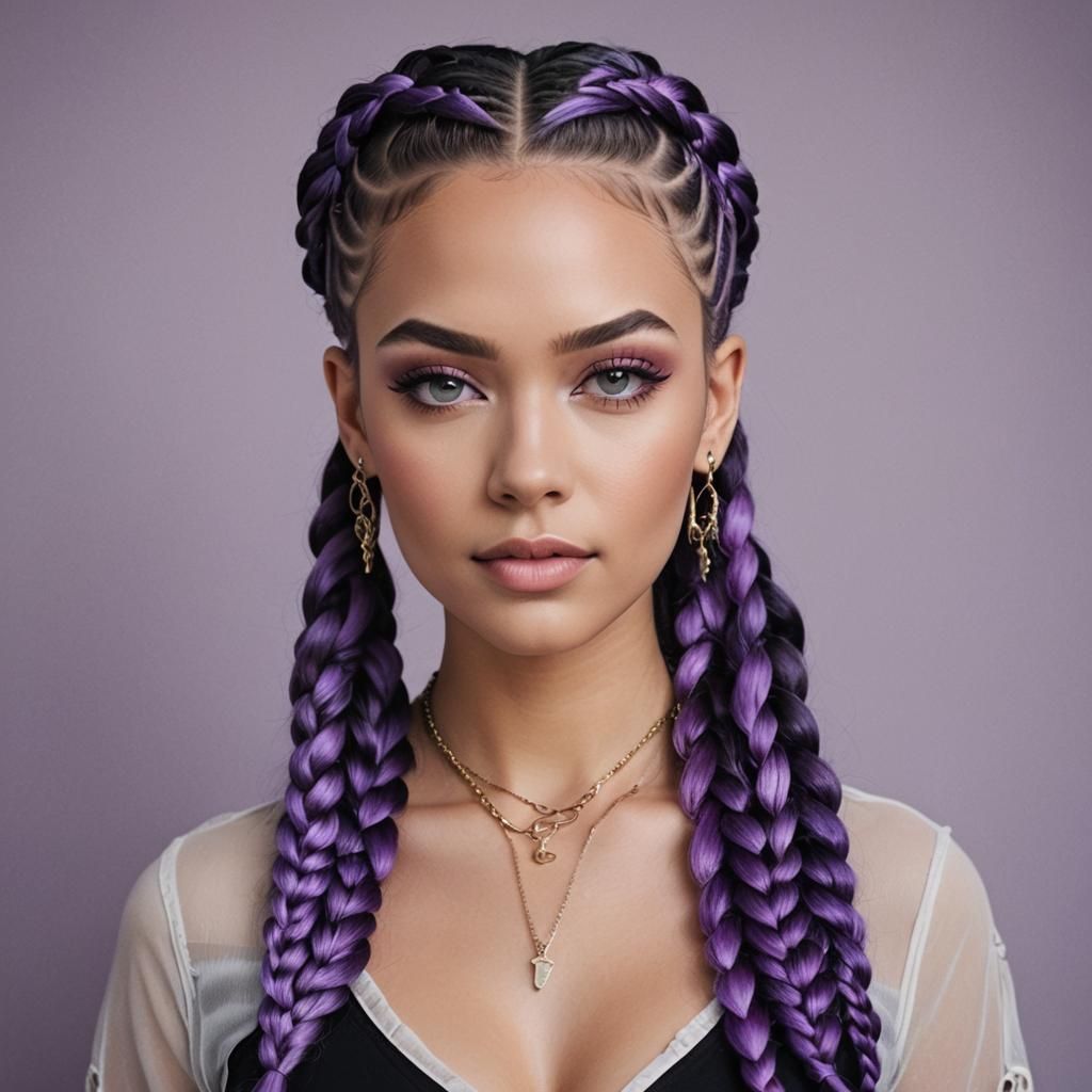 Girl with Purple Braids in Photographic Portrait Style