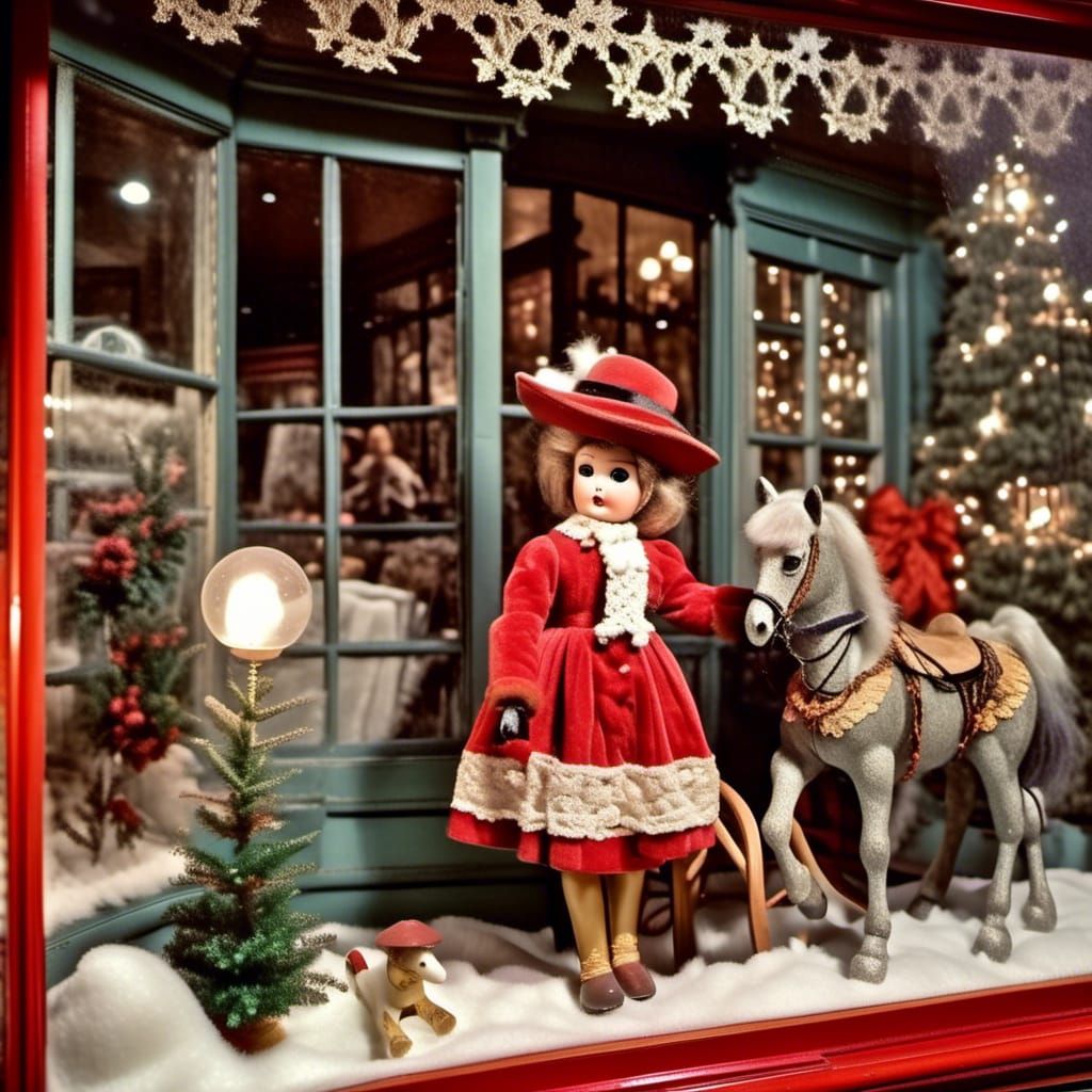 Victorian Toy Shop Window Display at Night
