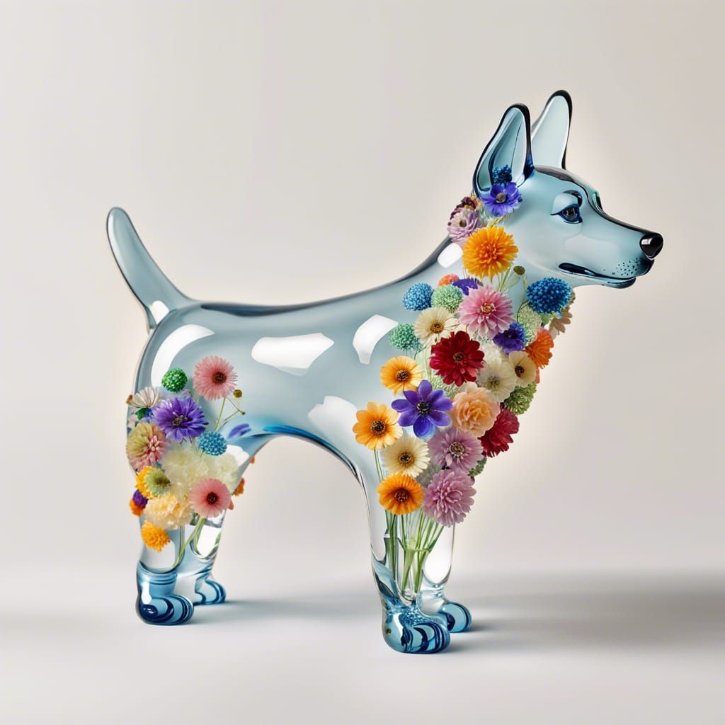Hand Blown Crystal Dog with Embedded Flowers