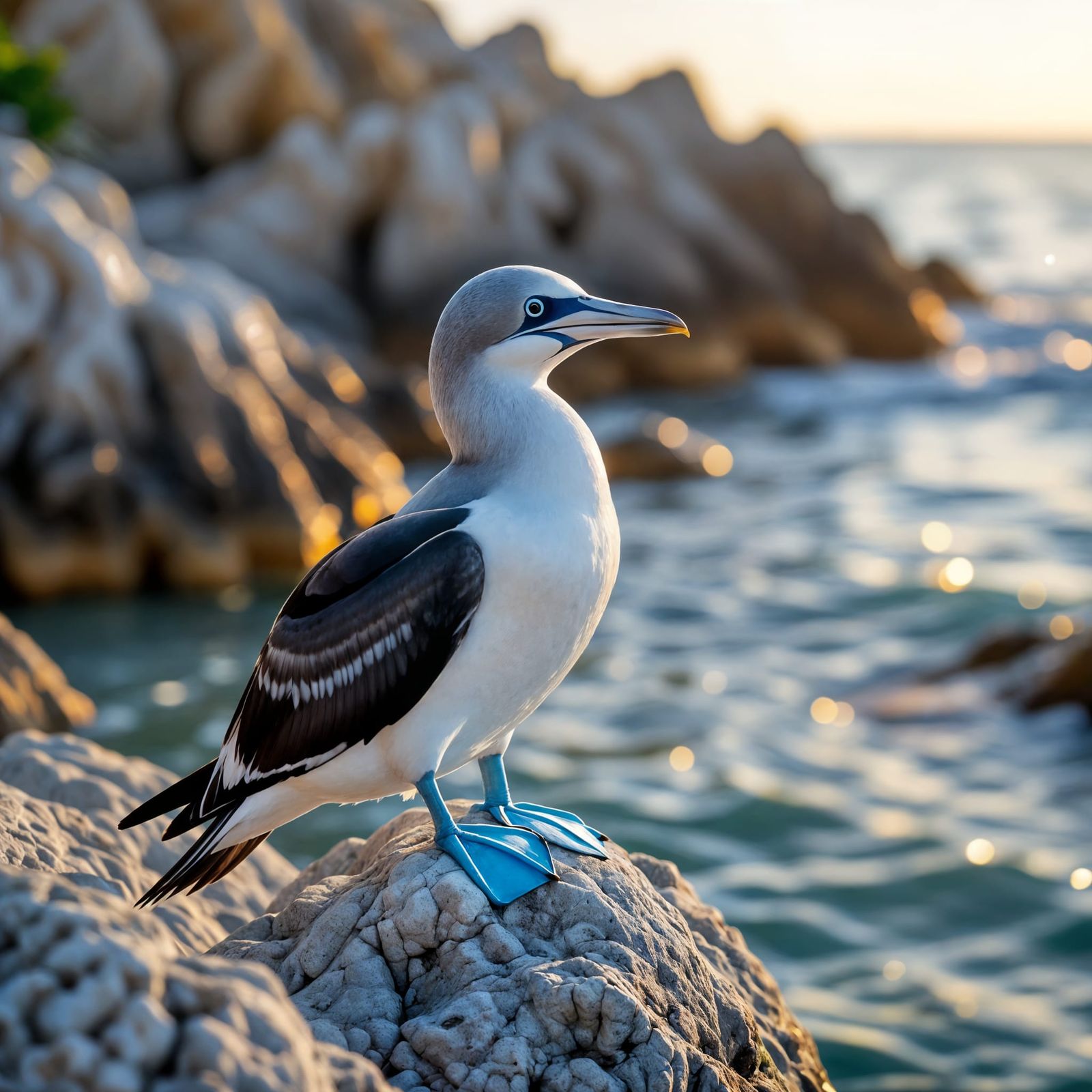 Blue Footed Booby Bird on Ocean Rock
