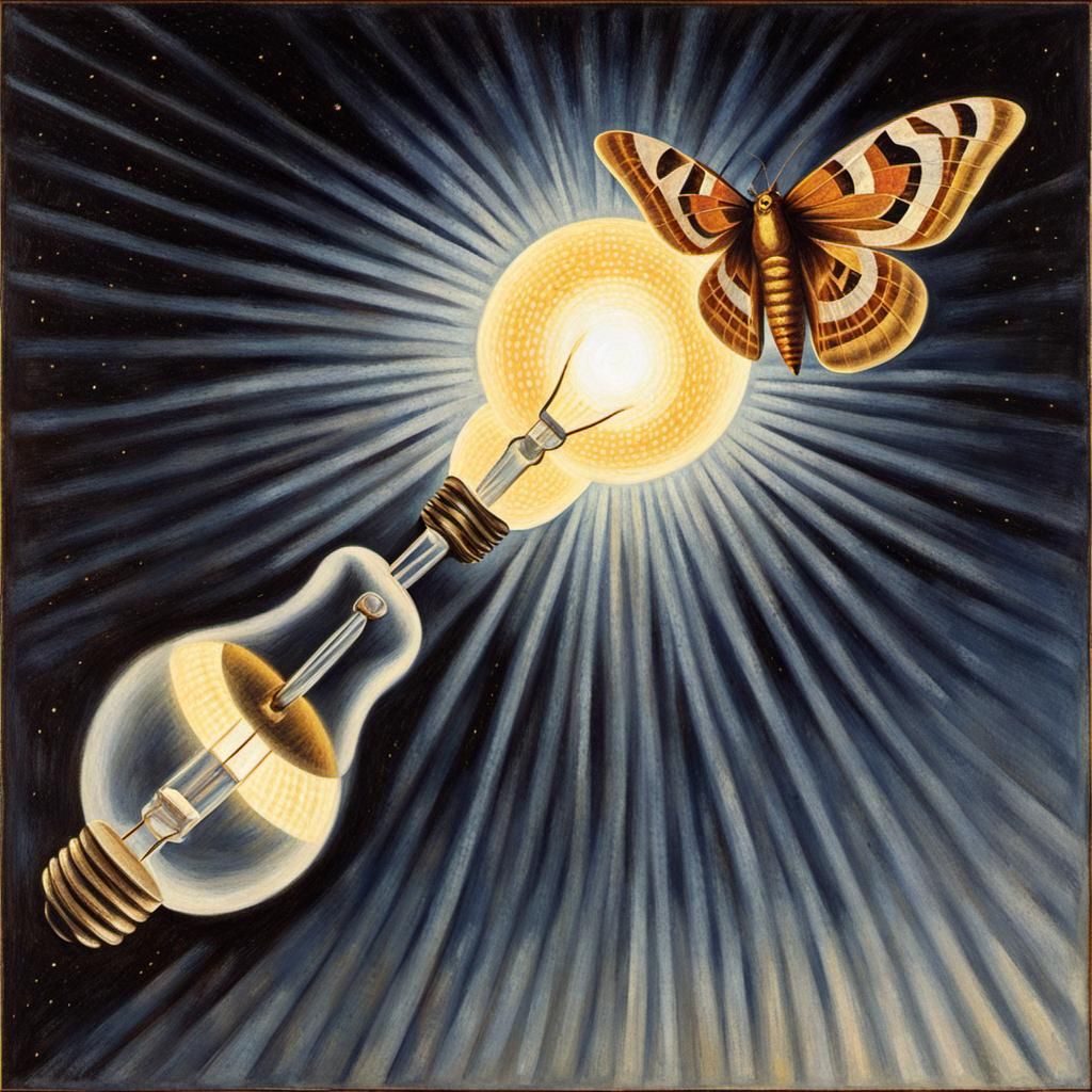 Moth and Light Bulb in Pointillist Style