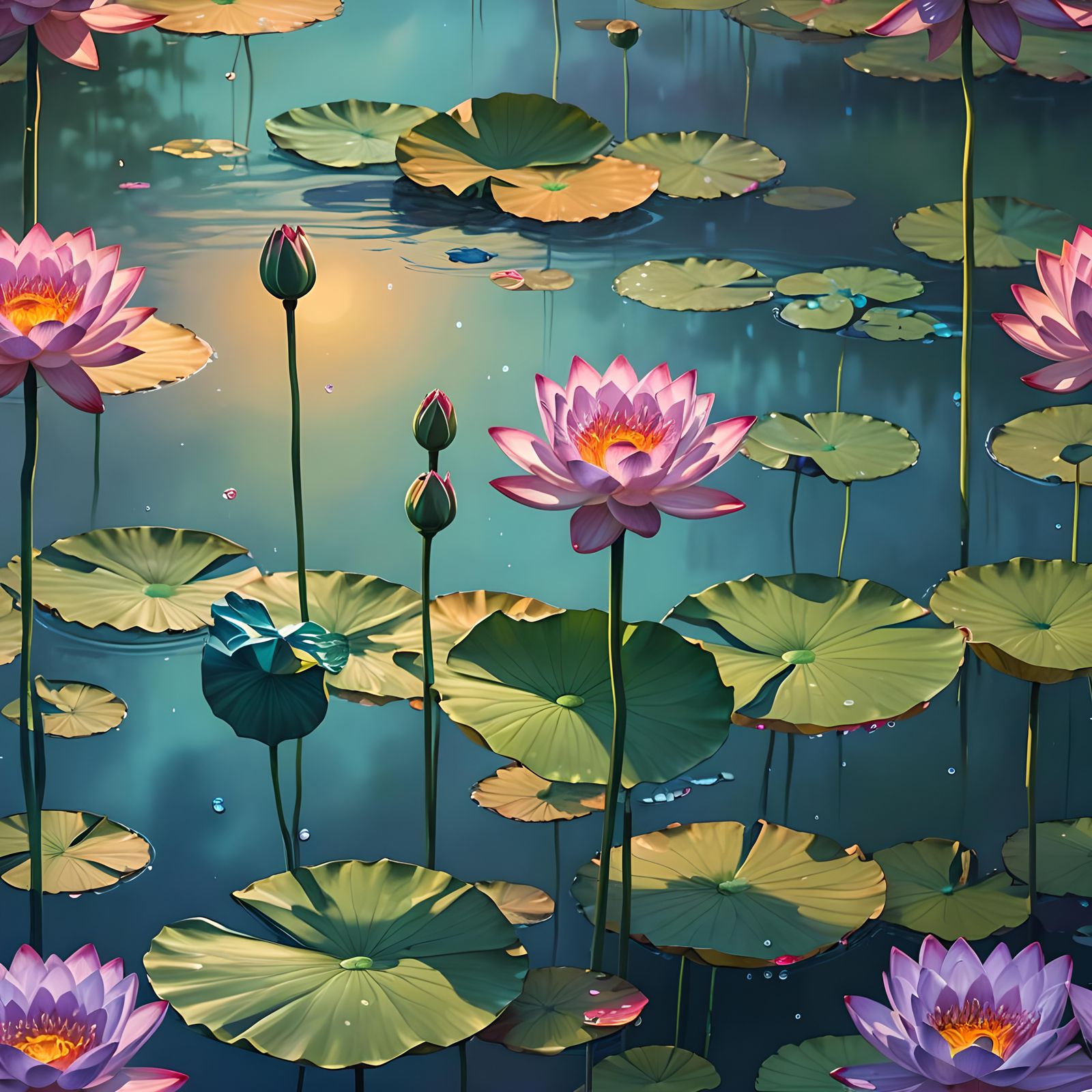 Multicolor Lotuses on Crystal Lake: Fantasy Concept Art