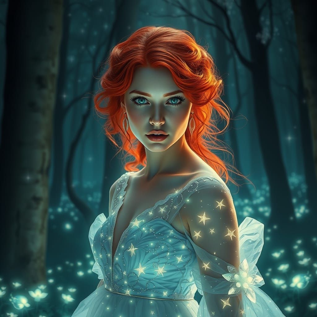Ethereal Redhead in Starlight Gown, Art Nouveau Style