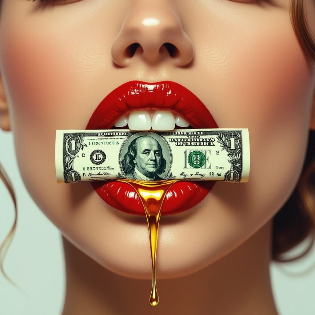 Luxurious Red Lips Gripping Dollar Bill in Digital Art Style