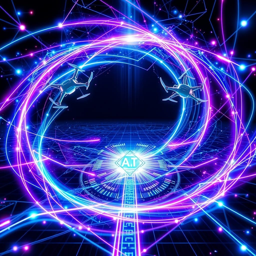 Cyberpunk Dreamscape: AI-Driven Drones in a Vast Digital Gri...