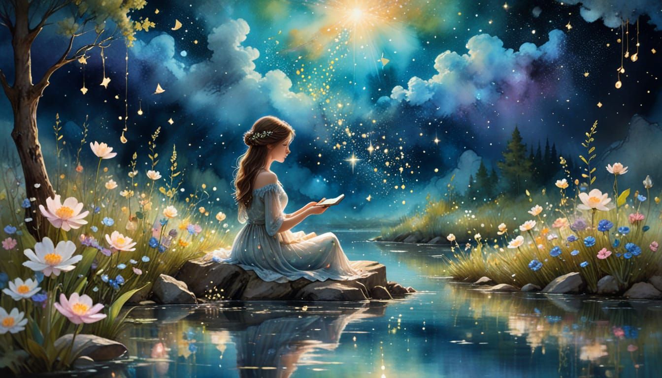 Dreamy Watercolor Pond Scene with Celestial Whispers