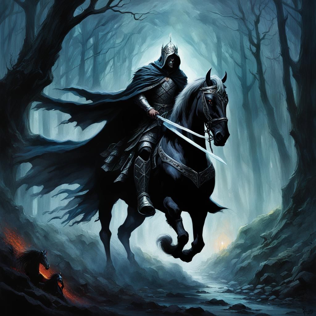 Dark Fantasy Knight Rides Through Mystic Forest in Eerie Sty...