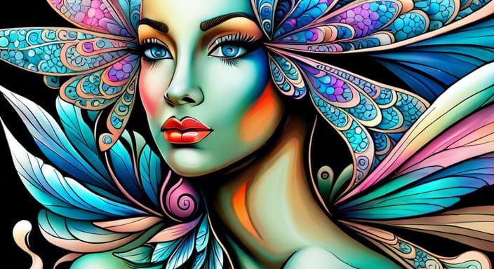 Dragonfly Woman Portrait with Opalescent Wings