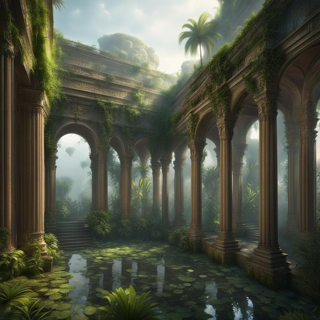 Lush Tropical Gardens in Ancient Palace: Matte Painting