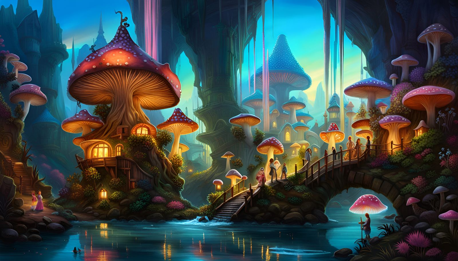 Fairytale Pixie Village with Bioluminescent Mushrooms