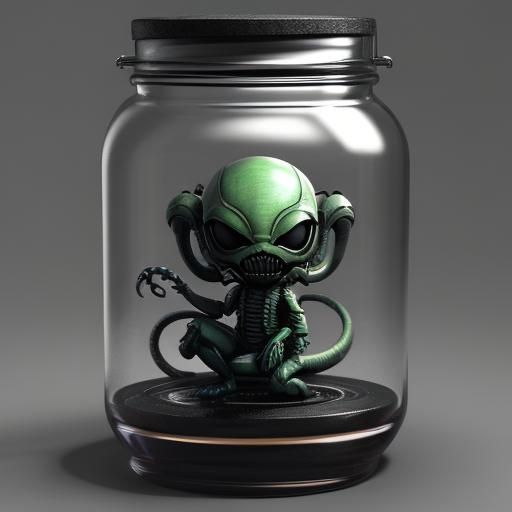 Pouting Chibi Xenomorph in Jar: 3D Anime Art