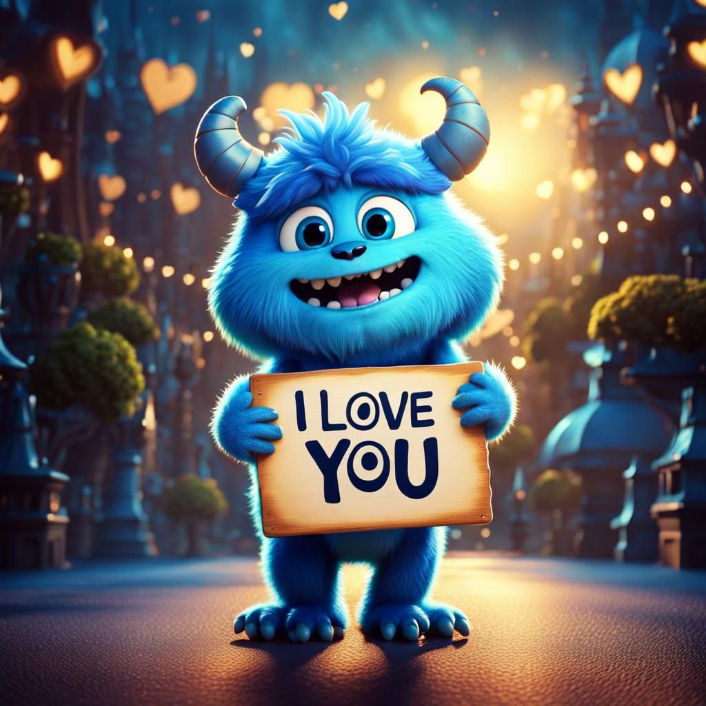 Adorable Blue Monster with 'I LOVE YOU' Sign