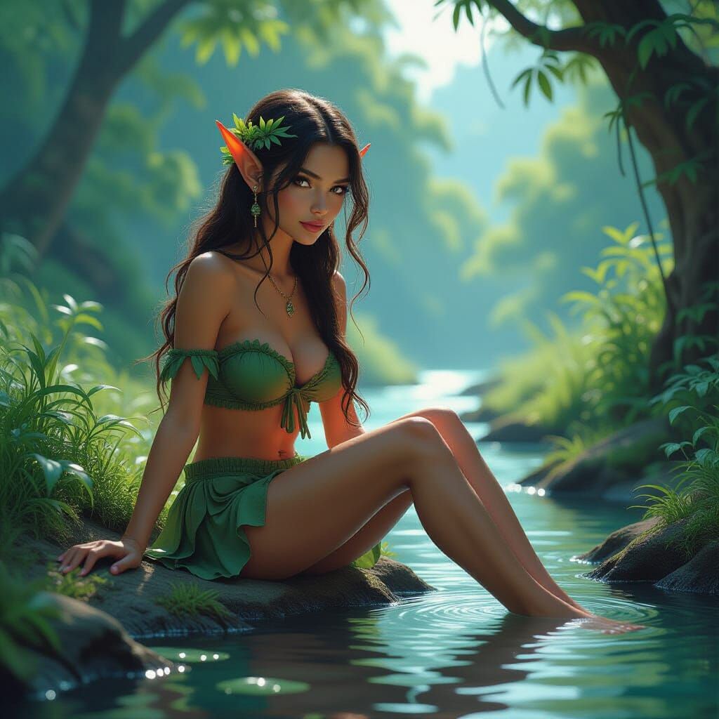 Enchanting Elf by Stream in Detailed Matte Painting
