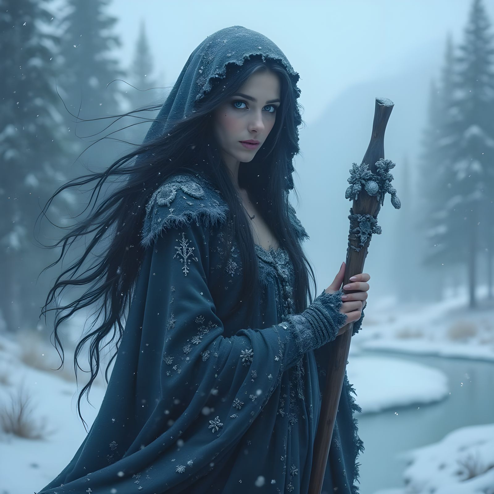 Hyperrealistic Slavic Goddess of Winter and Death in Fantasy...