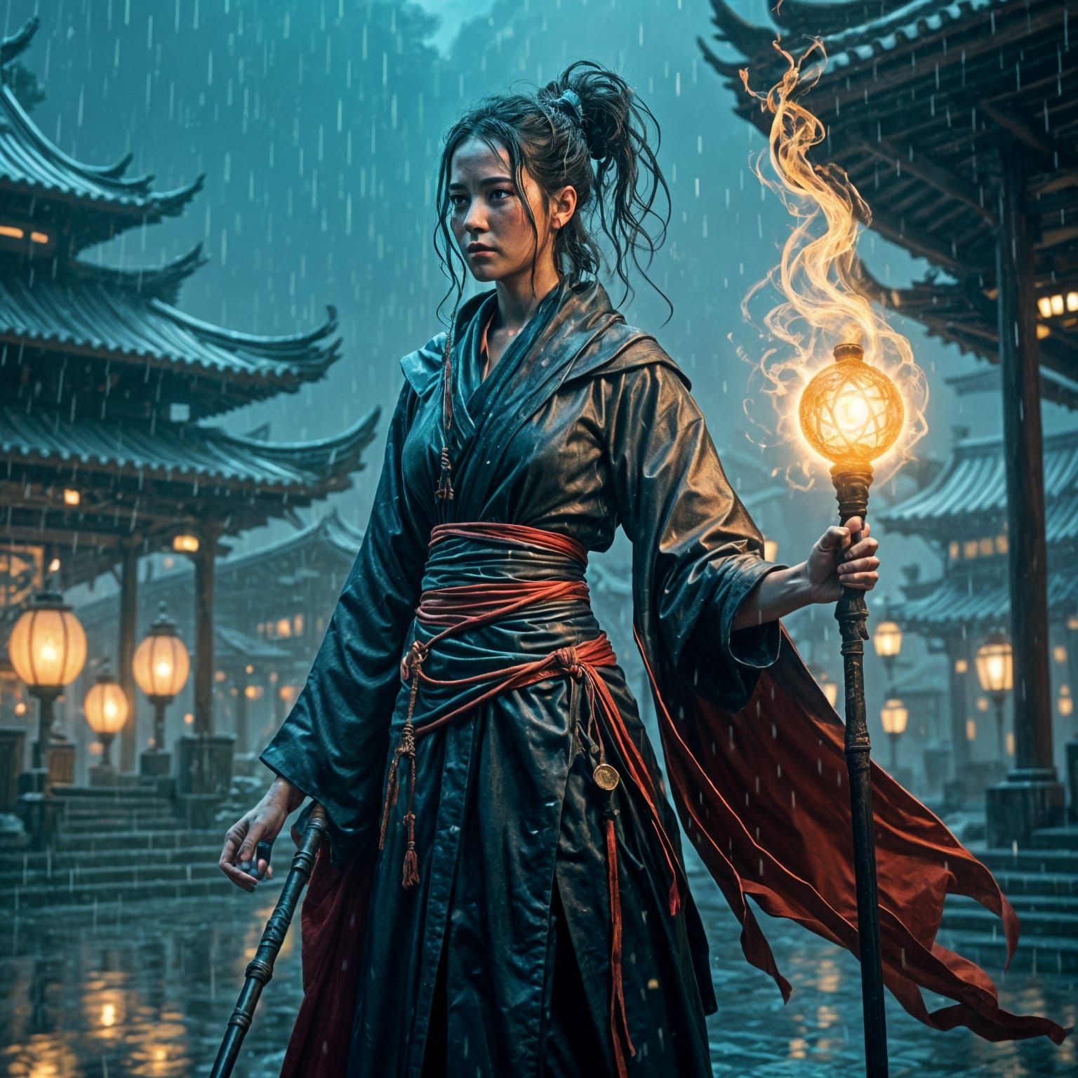 Sorceress in Rainy Shrine with Neon Lighting