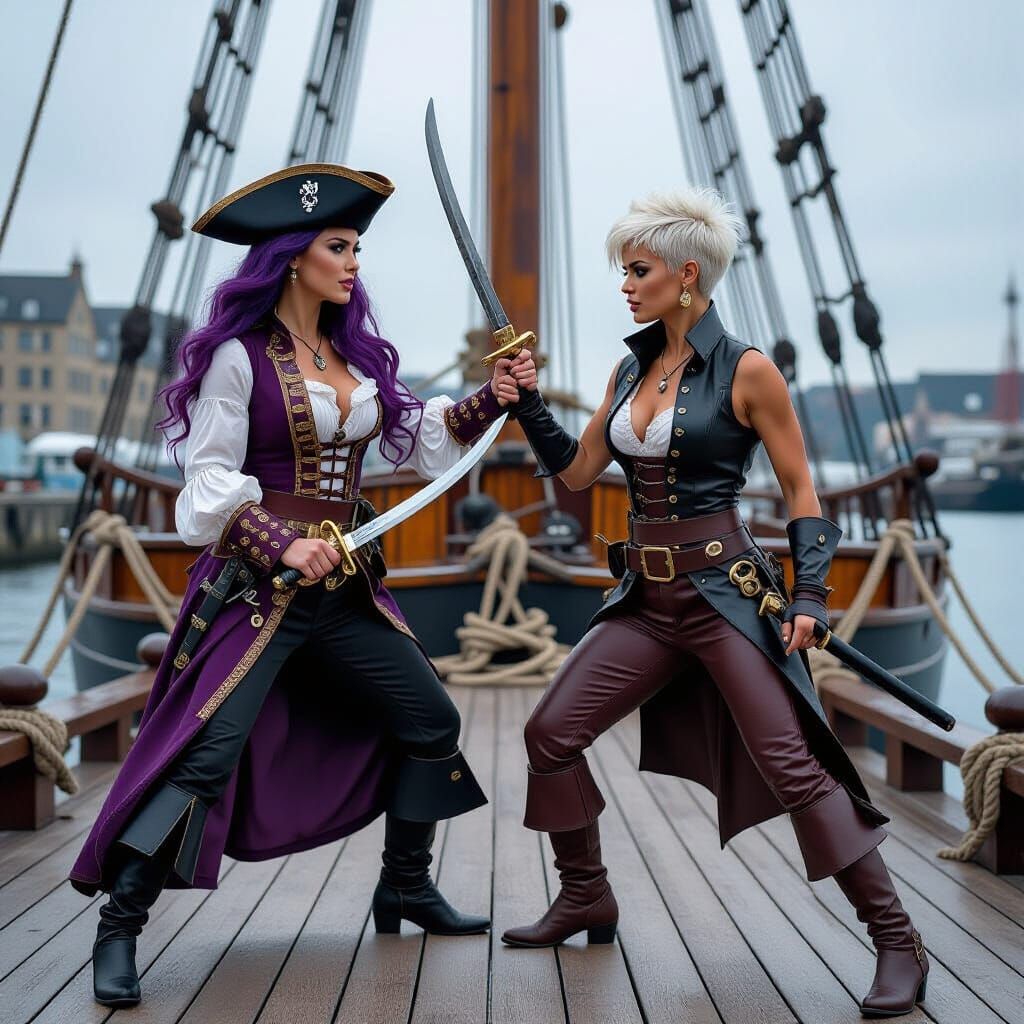 Two Pirate Women Fighting on a Ship Deck in Glasgow Harbour