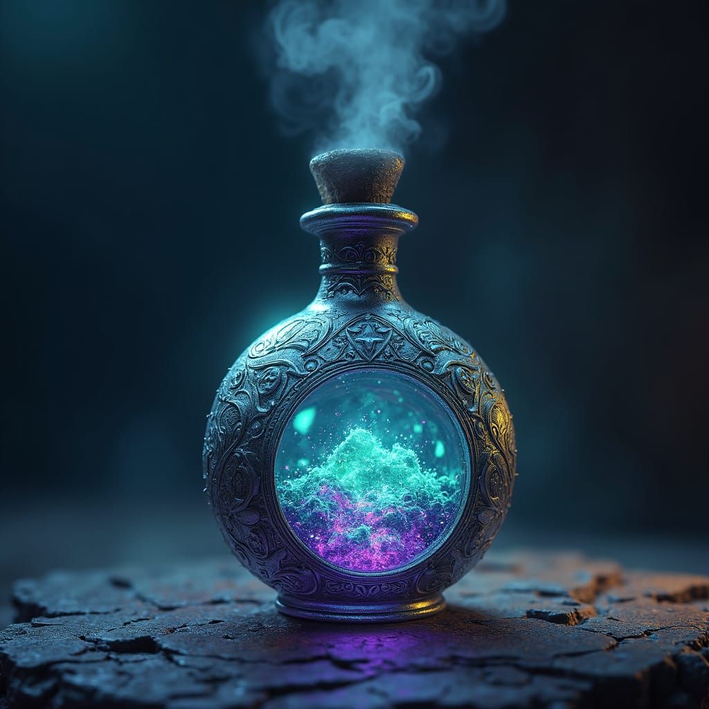 Enchanted Potion Bottle in Ancient Alchemist's Workshop