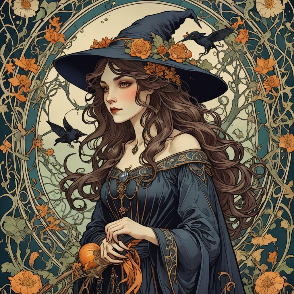 Beautiful Witch in Art Nouveau Style