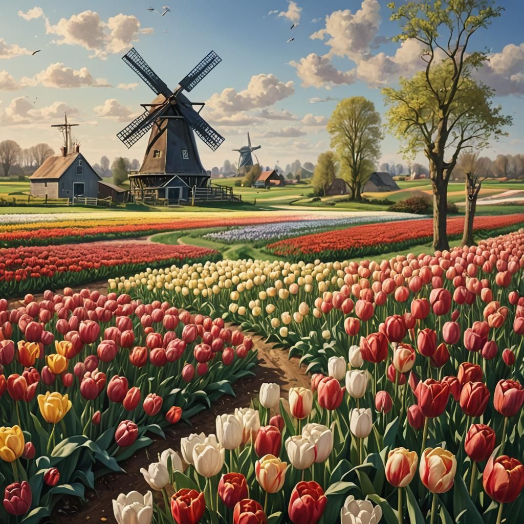 Picturesque White Tulips and Windmill in Spring
