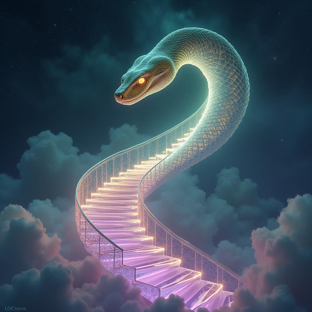A massive, iridescent snake winds its way through a floating, spiral staircase suspended in an endless, star-filled sky....