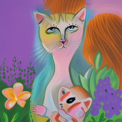 Detailed Gouache Painting of Cat-Human Mother and Babies
