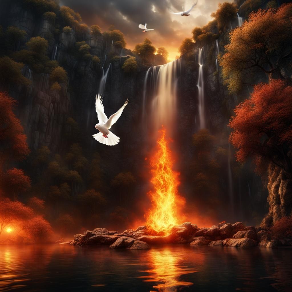 Dove and Burning Waterfall Fantasy Art