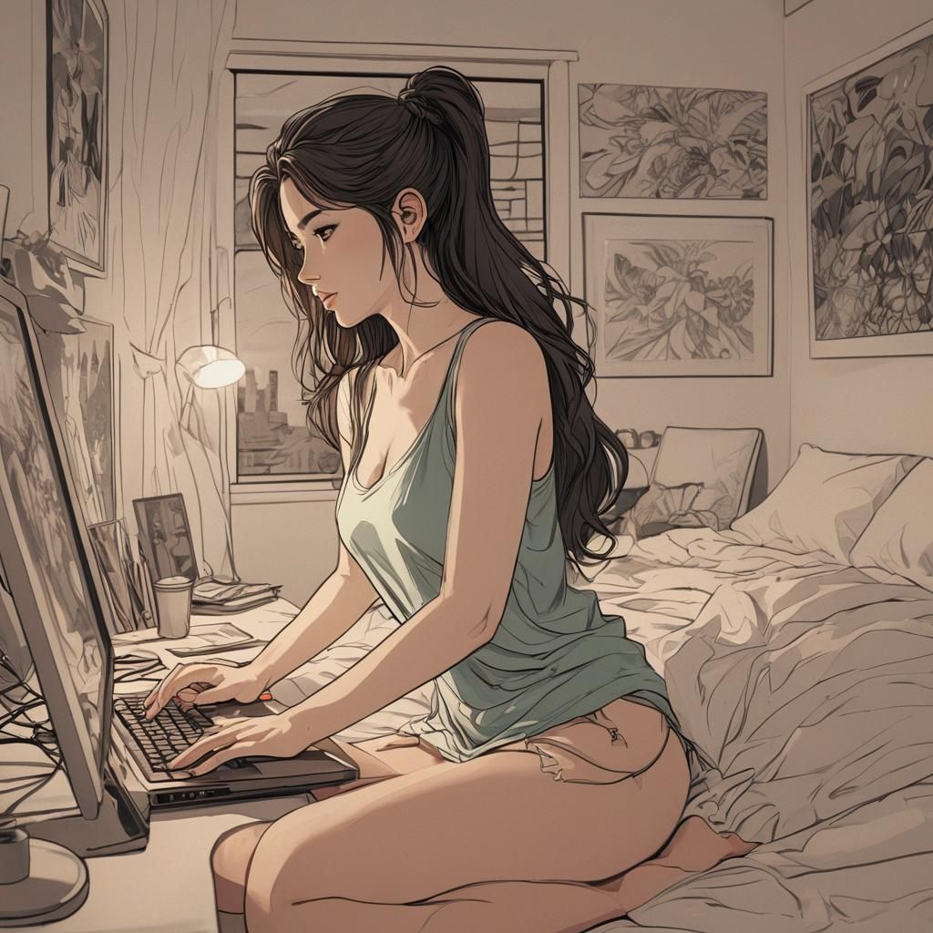 Woman Creating Art in Anime Style