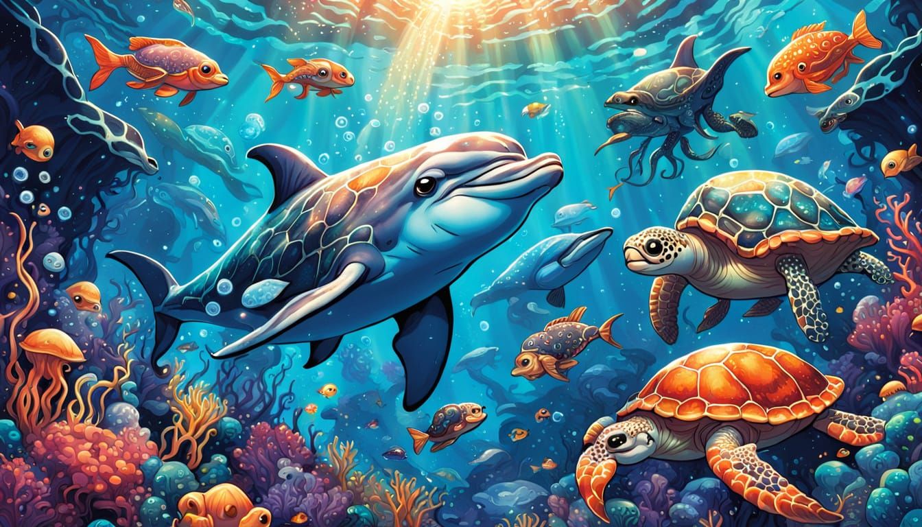 Kawaii Ocean Scene with Sea Turtle and Octopus