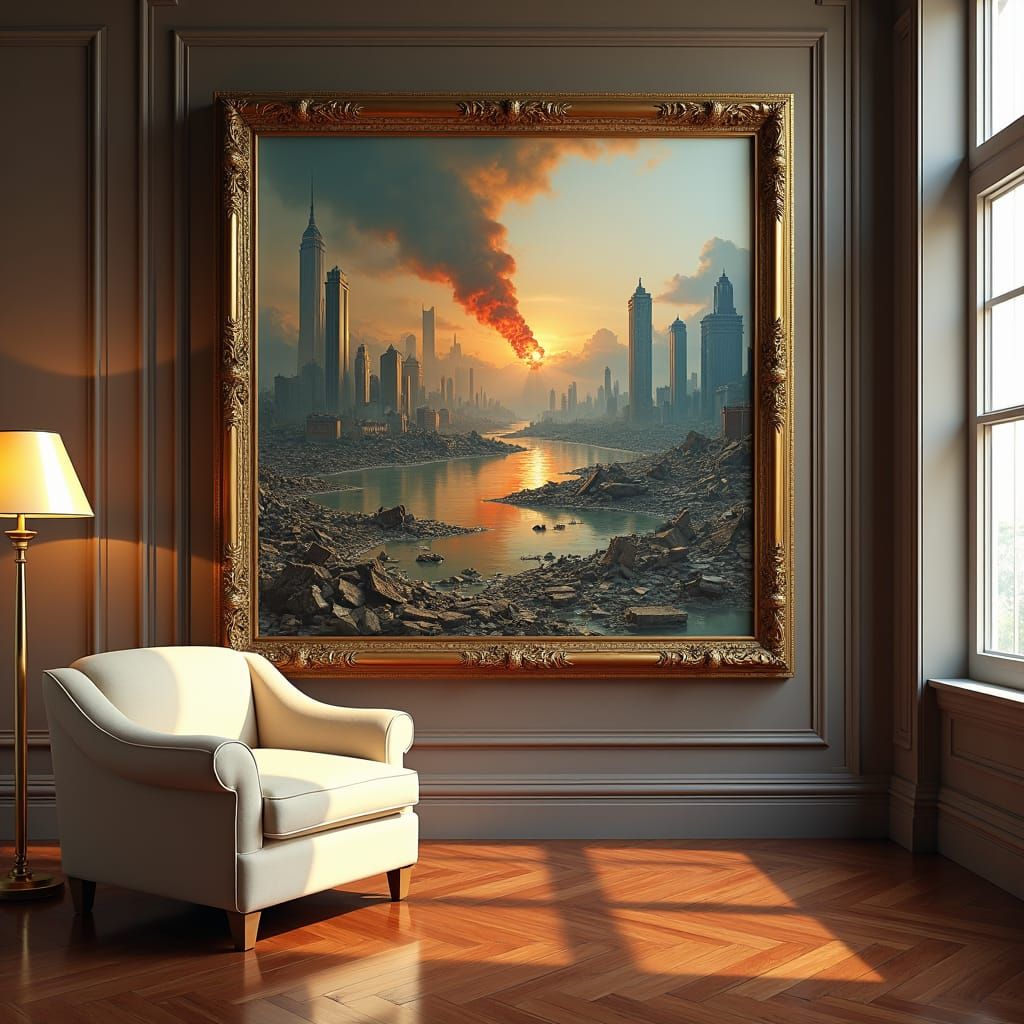 Apocalyptic Landscape in Ornate Frame: Surreal Oil Painting