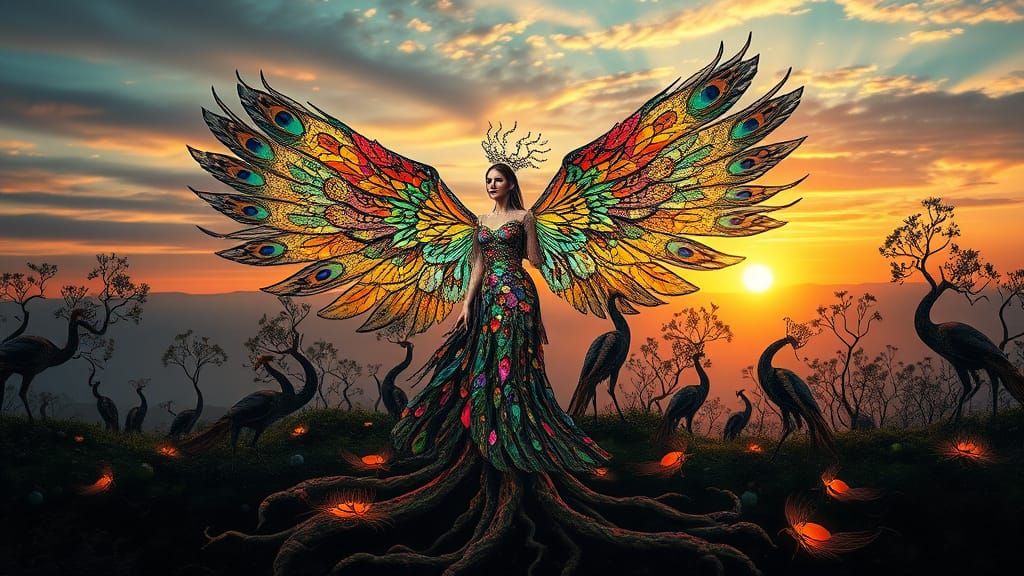 Surreal Sculpture: Woman with Peacock Wings in Bio Art