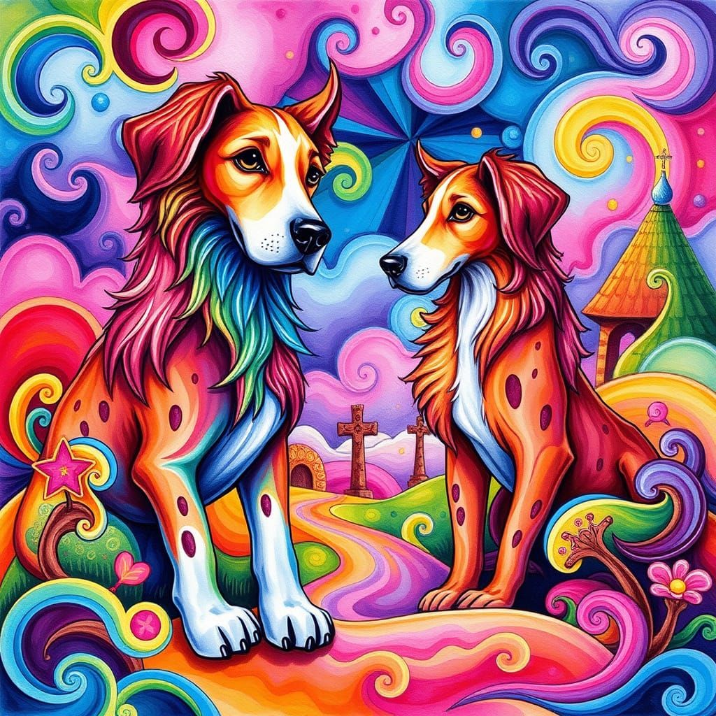 Hounds of Heaven In Vibrant Candyland Gouache Style