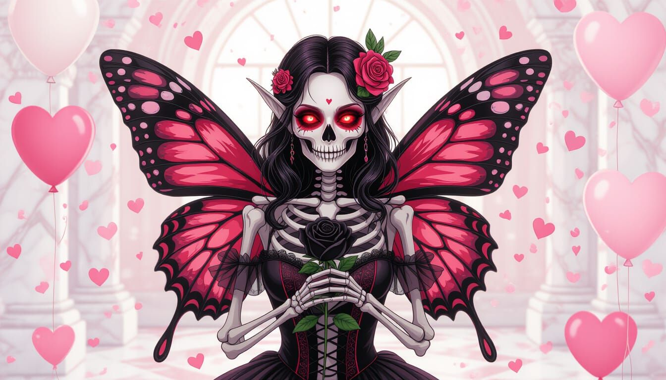 Skeletal Faerie With Butterfly Wings Holds Black Rose