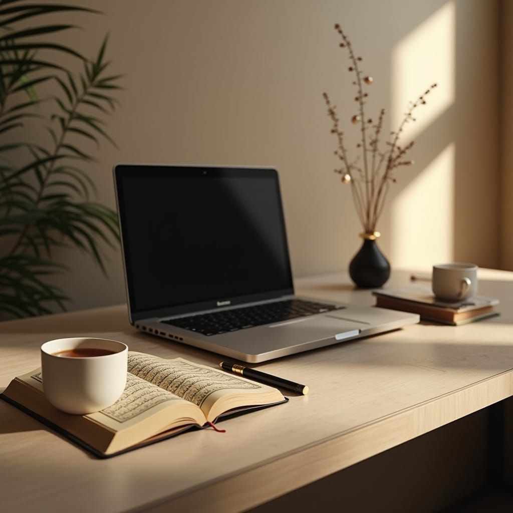 Minimalist Modern Desk Setup in Warm Beige and Black