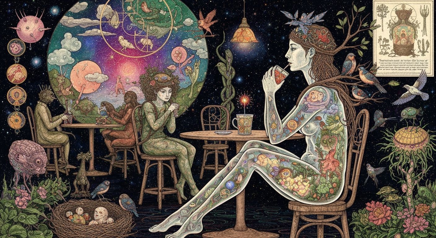 Surreal Galactic Cafe Scene in Maximalist Style